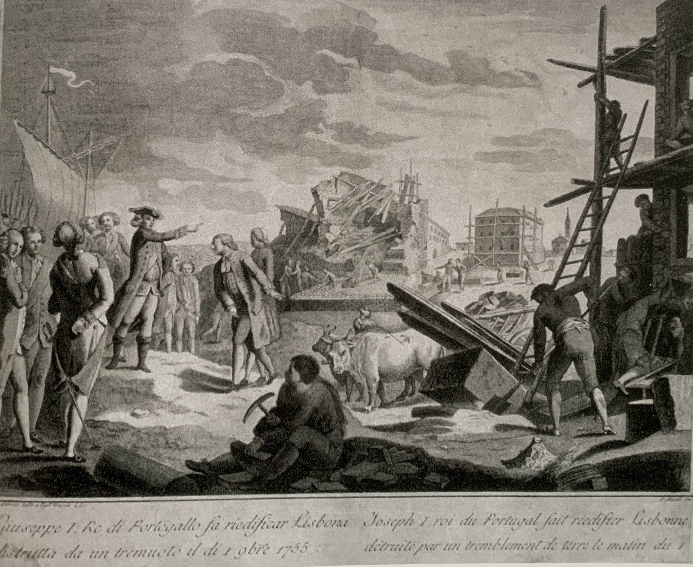 Fig. 2. Reconstruction works being inspected by King José I. Coper engraving, eighteenth century. City Museum of Lisbon, J. Kosák Coll.: Historical Earthquakes.